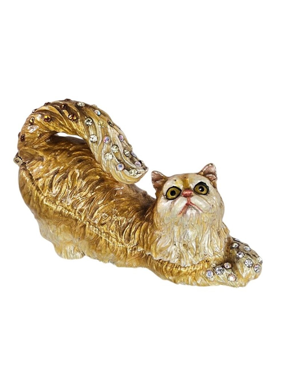 Jeweled Cat Figurine Trinket Box Rhinestones Hinged Lid Persian Orange Enameled
